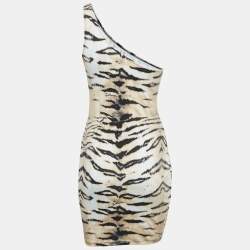 Pre Owned Just Cavalli Beachwear Beige Tiger Print Jersey One Shoulder Mini Dress S