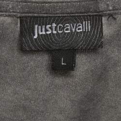 Pre Owned Just Cavalli Grey Star Studded Cotton Sleeveless T-Shirt L