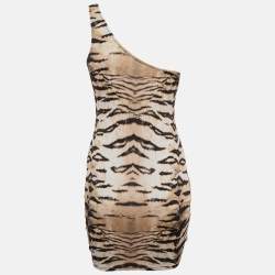 Pre Owned Just Cavalli Brown Tiger Print Jersey One Shoulder Bodycon Dress S