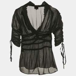 Just Cavalli Black Silk Smocked V-Neck Top M