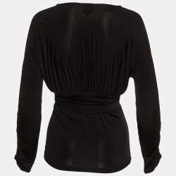 Just Cavalli Black Jersey Gathered Brooch Detail V-Neck Top M