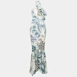Just Cavalli White Printed Satin Asymmetric Halter Maxi Dress M