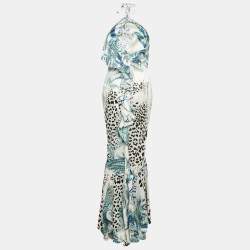 Just Cavalli White Printed Satin Asymmetric Halter Maxi Dress M