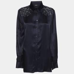 Just Cavalli Navy Blue Viscose Embellished Button Front Shirt M