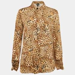 Just Cavalli Brown Satin Leopard Print Button Front Shirt S