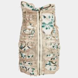 Pre Owned Just Cavalli Off-White Printed Canvas Distressed Strapless Mini Dress S