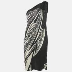 Pre Owned Just Cavalli Black printed Silk One Shoulder Dress S