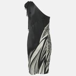 Pre Owned فستان جاست كافالي حرير مطبوع أسود بكتف واحد مقاس صغير