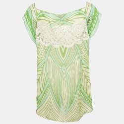 Pre Owned Just Cavalli Green Printed Lace Trim Silk Top L