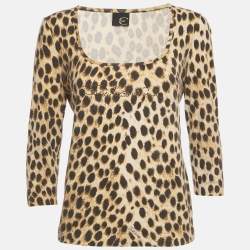 Pre Owned Just Cavalli Brown Animal Print Jersey Embellished Slim Fit Top L 