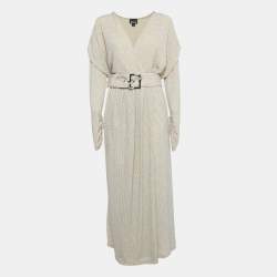 Pre Owned Just Cavalli Cream Lurex Knit Belted Maxi Dress L