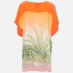 Pre Owned Just Cavalli Orange Printed Silk and Jersey T-Shirt M