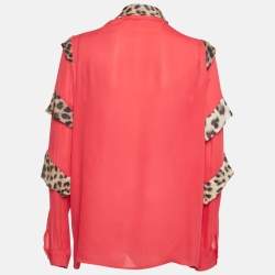Pre Owned Just Cavalli Pink Animal Print Ruffle Detail Silk Blouse M