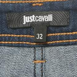 Pre Owned Just Cavalli Blue Embroidered Distressed Denim Jeans L Waist 32"