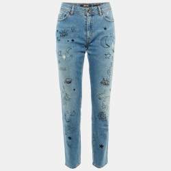 Pre Owned Just Cavalli Blue Doodle Print Denim Slim Fit Jeans M/Waist 30"