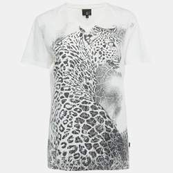 Pre Owned Just Cavalli White Printed Cotton Distressed V-Neck T-Shirt L