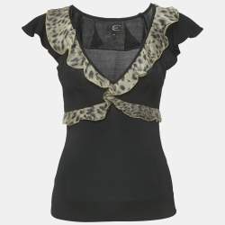 Pre Owned Just Cavalli Black Animal Print Frill Detail Jersey Top XS