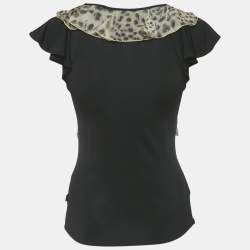 Pre Owned Just Cavalli Black Animal Print Frill Detail Jersey Top XS