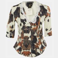 Pre Owned Just Cavalli Brown Animal Print Cotton Lace Detail Top M
