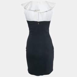 Pre Owned فستان ميني جست كافالي صوف أسود/أبيض برقبة بكشكش مقاس صغير (سمول)