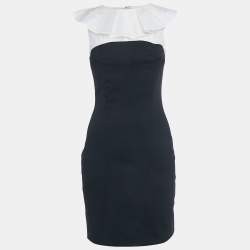 Pre Owned فستان ميني جست كافالي صوف أسود/أبيض برقبة بكشكش مقاس صغير (سمول)