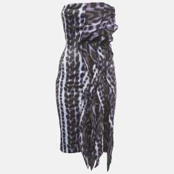 Pre Owned Just Cavalli Purple Leopard Print Stretch Satin Strapless Dress S