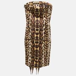 مملوكة مسبقًا Just Cavalli Brown Leopard Print Satin Ruffled Tube Dress S
