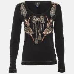 Pre Owned Just Cavalli Black Printed Cotton Long Sleeve Top M
