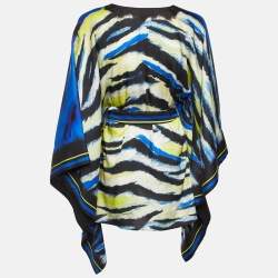 مملوكة مسبقًا Just Cavalli Blue Tiger Print Satin Belted Kaftan Tunic S