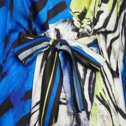 مملوكة مسبقًا Just Cavalli Blue Tiger Print Satin Belted Kaftan Tunic S