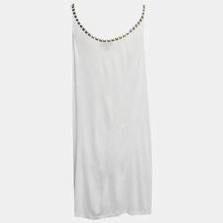 مملوكة مسبقًا قميص جاست كافالي أبيض مزخرف بطبعة حيوانات تريكو وساتان بدون أكمام مقاس متوسط