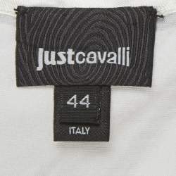 مملوكة مسبقًا قميص جاست كافالي أبيض مزخرف بطبعة حيوانات تريكو وساتان بدون أكمام مقاس متوسط