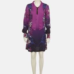 Pre Owned فستان جست كافالي بنفسجي كريب بطبعة وربطة عنق ميني مقاس متوسط