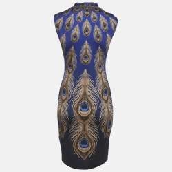 Pre Owned Just Cavalli Navy Blue Peacock Feather Printed Jersey Sleeveless Dress M