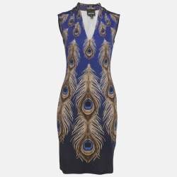 Pre Owned Just Cavalli Navy Blue Peacock Feather Printed Jersey Sleeveless Dress M