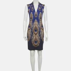 Pre Owned Just Cavalli Navy Blue Peacock Feather Printed Jersey Sleeveless Dress M