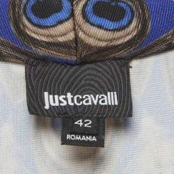 Pre Owned Just Cavalli Navy Blue Peacock Feather Printed Jersey Sleeveless Dress M