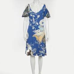 Pre Owned Just Cavalli Blue Printed Jersey Knee Length Dress L