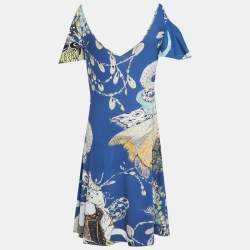 Pre Owned Just Cavalli Blue Printed Jersey Knee Length Dress L