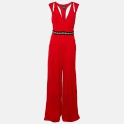 Pre Owned Just Cavalli Red Jersey Pleated Jumpsuit M
