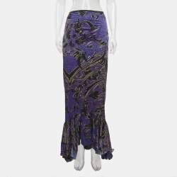 Pre Owned Just Cavalli Purple Printed Satin Asymmetric Midi Skirt M