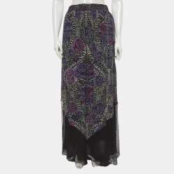 Pre Owned Just Cavalli Purple Floral Printed Crepe and Tulle Maxi Skirt M