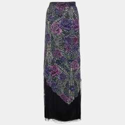 Pre Owned Just Cavalli Purple Floral Printed Crepe and Tulle Maxi Skirt M