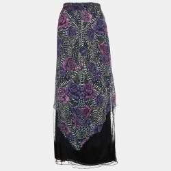 Pre Owned Just Cavalli Purple Floral Printed Crepe and Tulle Maxi Skirt M