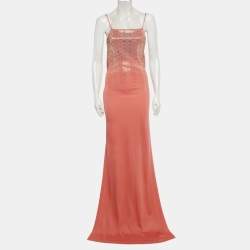 Pre Owned Just Cavalli Salmon Pink Embellished Jersey Evening Dress M