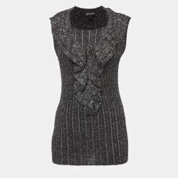 مملوكة مسبقًا Just Cavalli Silver/Black Lurex Knit Ruffled Lace-Up Top L