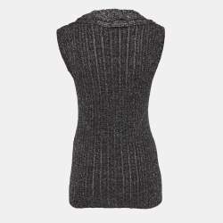 Pre Owned Just Cavalli Silver/Black Lurex Knit Ruffled Lace-Up Top L