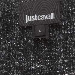 Pre Owned Just Cavalli Silver/Black Lurex Knit Ruffled Lace-Up Top L