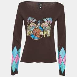 Pre Owned Just Cavalli Brown Graphic Print Argyle Patterned Sleeves Top L