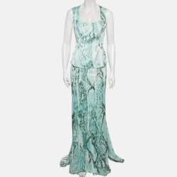 Pre Owned Just Cavalli Green Snakeskin Print Satin Sleeveless Top and Maxi Skirt Set M